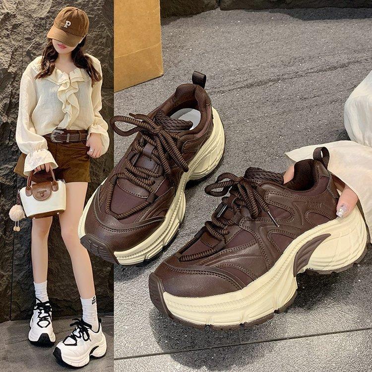 Retro Brown Thick-soled Heightening Dad Shoes for Women 2025 Popular New Autumn Versatile Sports and Leisure Shoes for Women
