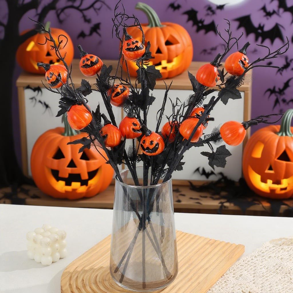 Halloween Scary Decoration Black Pumpkin Stem Bouquet Party Decor Spooky Holiday Atmosphere Floral Arrangement