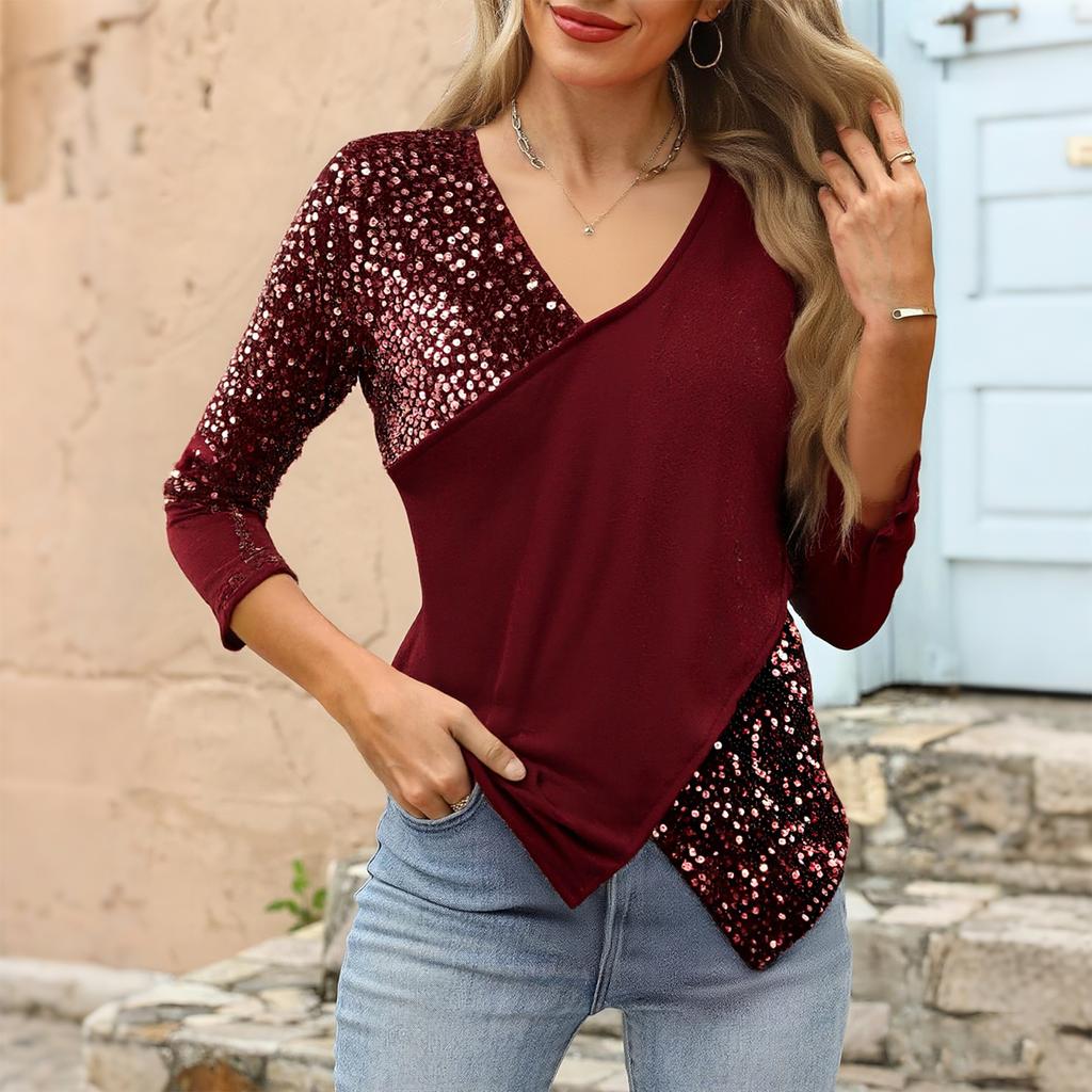 Ladies' Fashionable Casual Sequin Splicing V,neck Hanging Neck Long Sleeved Irregular T,shirt Top