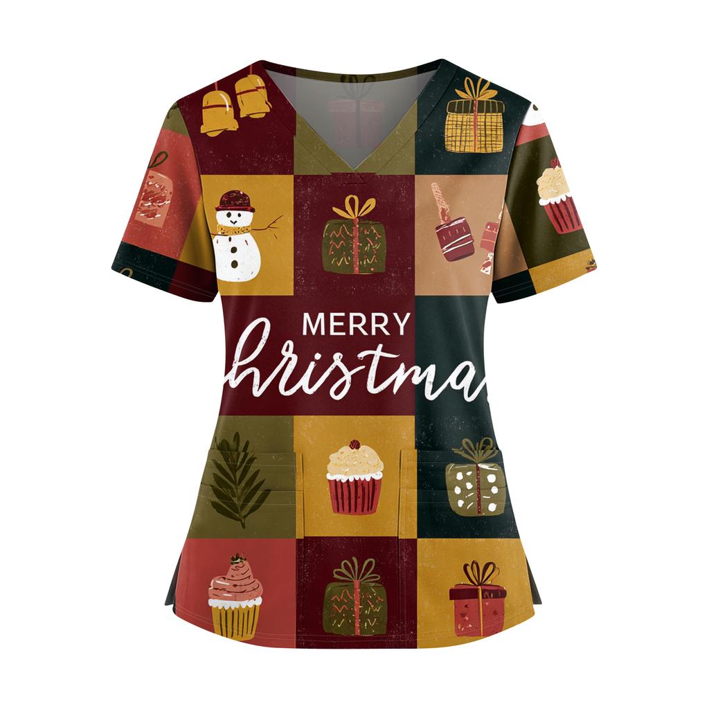 Women's Christmas Print V-Neck Double Pocket Short Sleeves Hem Slit Uniform And Caregiver Top