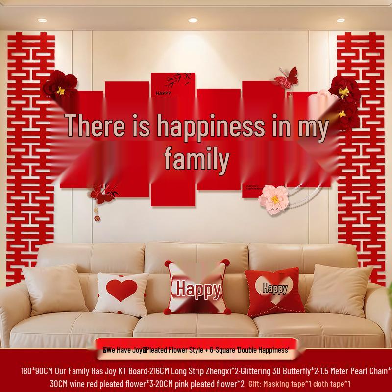 Bröllops vardagsrumsdekor: Bakgrundsvägg och soffgrupp med dubbel lycka