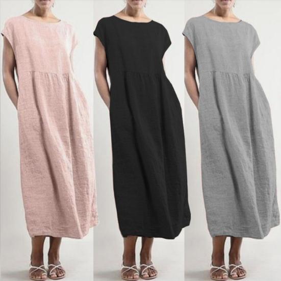Casual Women Summer Solid Color Short Sleeve Baggy Beach Shift Kaftan Midi Dress
