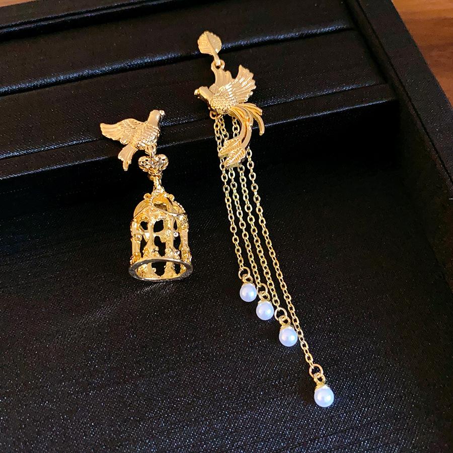 

Silver needle asymmetric bird cage pearl fringed earrings new Chinese style trend earrings niche design earrings
