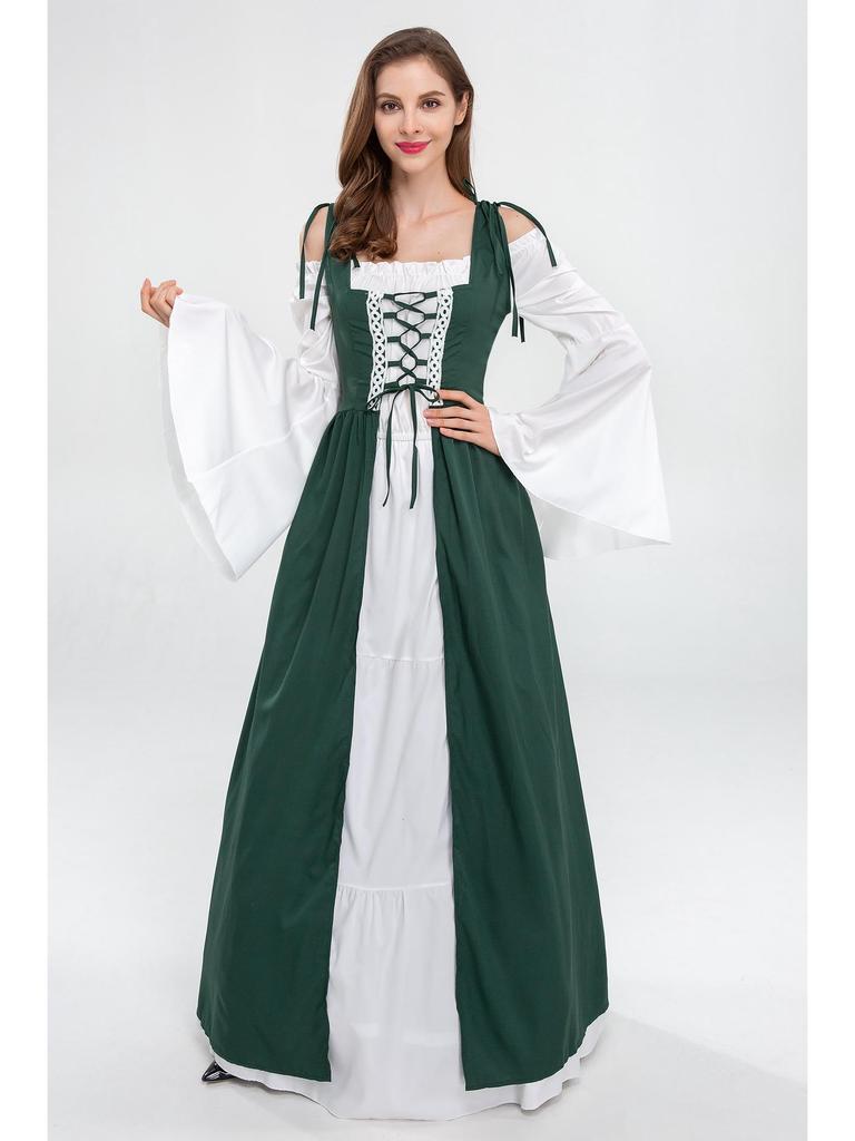 European and American Vintage Medieval Renaissance Square Neck Lace-Up Corset Halloween Costume Dress
