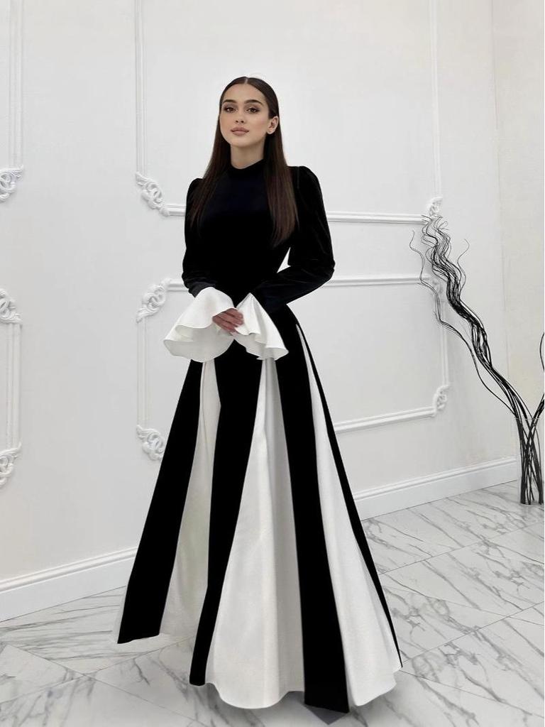 2024 Høst/Vinter Euro-Amerikansk Svart og Hvit Fargeblokk Volang Langermet Svingkjole LX0105