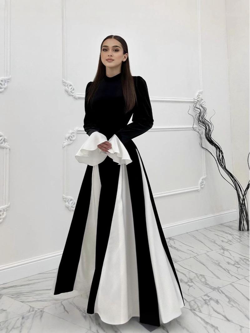 

Осень/Зима 2024 Евро-американское черно-белое платье-свинг с длинным рукавом и оборками LX0105 Large