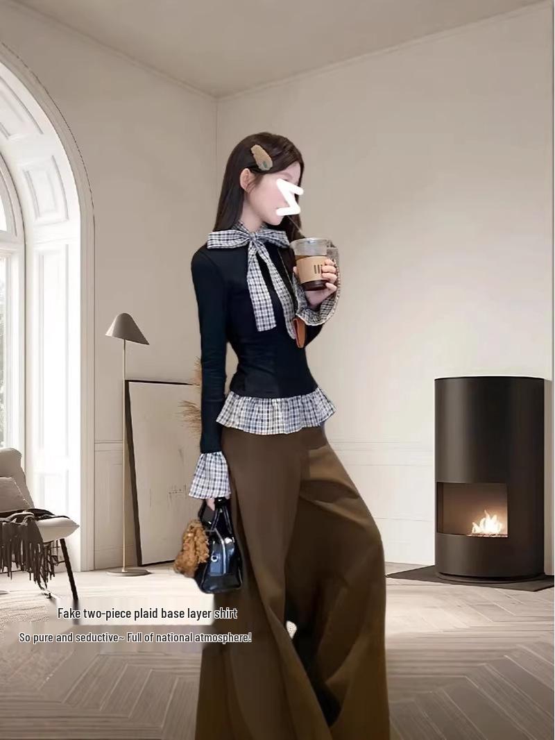 

Черный ретро топ с длинным рукавом, кружевной пэчворк - Элегантный осенне-зимний образ из двух предметов Small чёрный