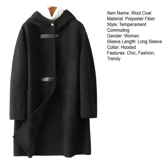 Dámský dlouhý vlněný kabát s kapucí Jednořadý ležérní vlněný trenčkot s kapsami Podzimní zimní svrchní oblečení