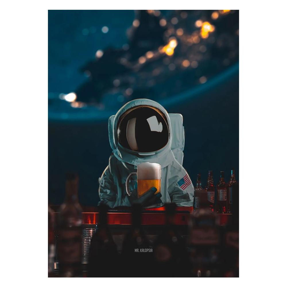 Astronaut Drinks Beer on The Moon While Watching The Earth Being Destroyed Canvas Painting Posters Prints Living Room Wall Art Pictures