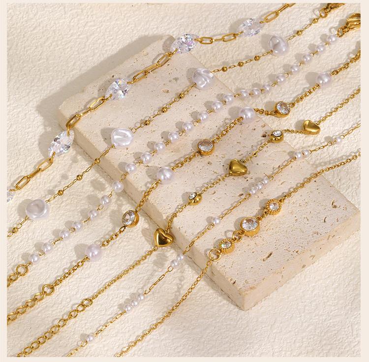 Pearl With Zirconia Beaded Bracelets for Women, Link Chain Bracelet,18k Gold Plated Stack Adjustable Jewelry