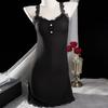 Women's Elegant Lace Trim Ribbed Nightdress Sleeveless V-Neck Button Decor Slip Dress Comfortable Sleepwear & Loungewear