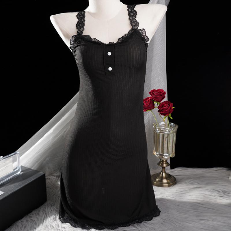 Women's Elegant Lace Trim Ribbed Nightdress Sleeveless V-Neck Button Decor Slip Dress Comfortable Sleepwear & Loungewear