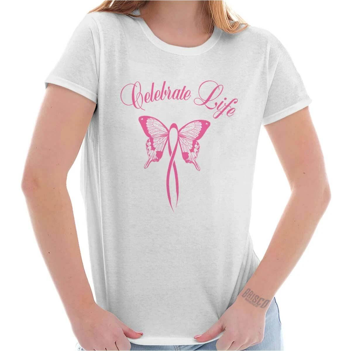 Breast Cancer Pink Celebrate Life Butterfly Womens Top Junior Graphic Tee M