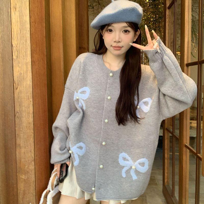 Women's Bow Cardigan Round Neck Single Breasted Sweet Knit Sweaters Thin Korean Style Casual Loose Woman Top