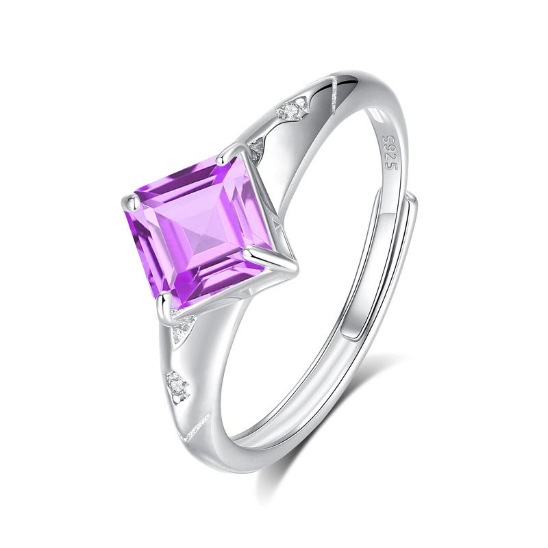 Color Treasure Ring Women s S925 Sterling Silver Inlaid Square Natural Amethyst Topaz Ring Women adjustable opening