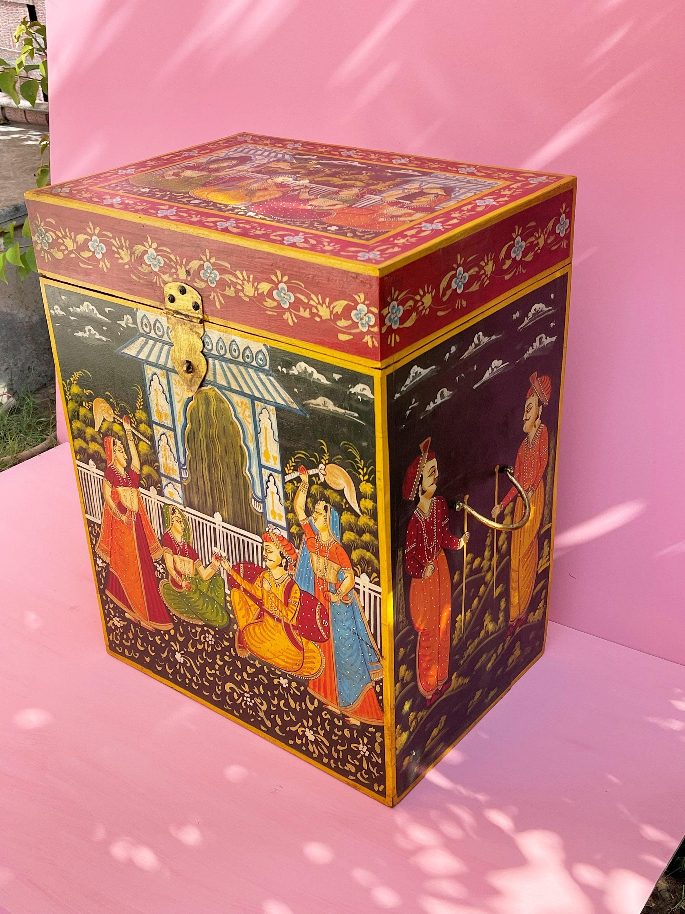 Wooden Painted Trunk Chest | Art work Storage Side Trunk, Painted storage For Home Decor- Raja Rani Handmade Storage Desk Trunk Coffee Table