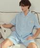[Pink Zone] Unisex Blaine Stripe Blue Short-Sleeve Collar Pajama Set [Shipped from Korea] 100% Authentic