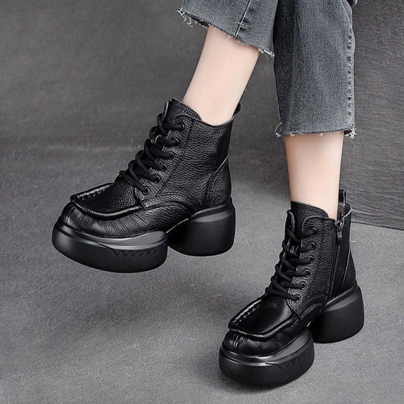 

2025 autumn and winter thick-soled high-heeled round head retro ethnic mother shoes genuine leather handmade short boots single boots women s boots 40 чорний