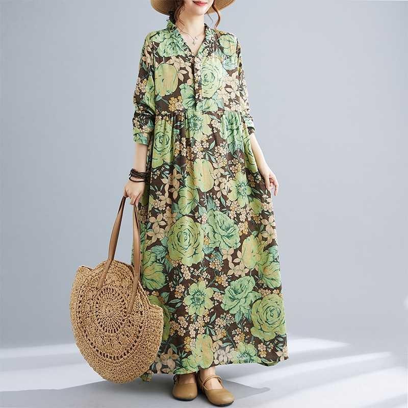 New Bohemian Vintage Printed Loose Belly Covering Long Sleeve Big Swing Long Dresses
