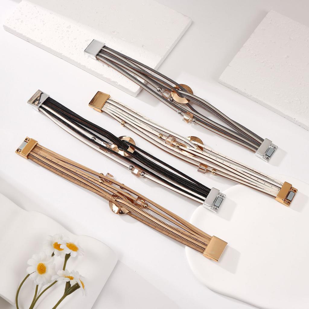 Leder Armreif Mehrschichtig PU-Leder Böhmischer Stil Geometrisches Armband für Damen