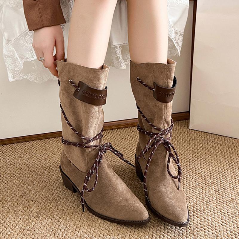 Fashion Autumn Winter Thick Heel Western Boots Women 2025 Sexy Pointed Toe Mid Calf Boots Woman Slip On Faux Suede Riding Botas Mujer