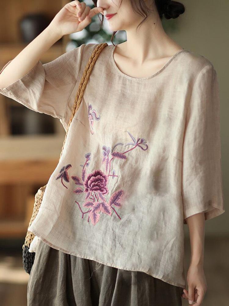 

Весенне-летняя новая этническая ретро-вышивка, хлопок и лен, шикарный топ, женская свободная вышивка, футболка с коротким рукавом M