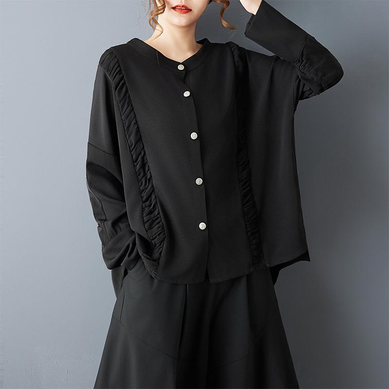 

New Spring Dark Style Plus Size Pleated Shirt & Versatile Wide-Leg Pants Set One Size