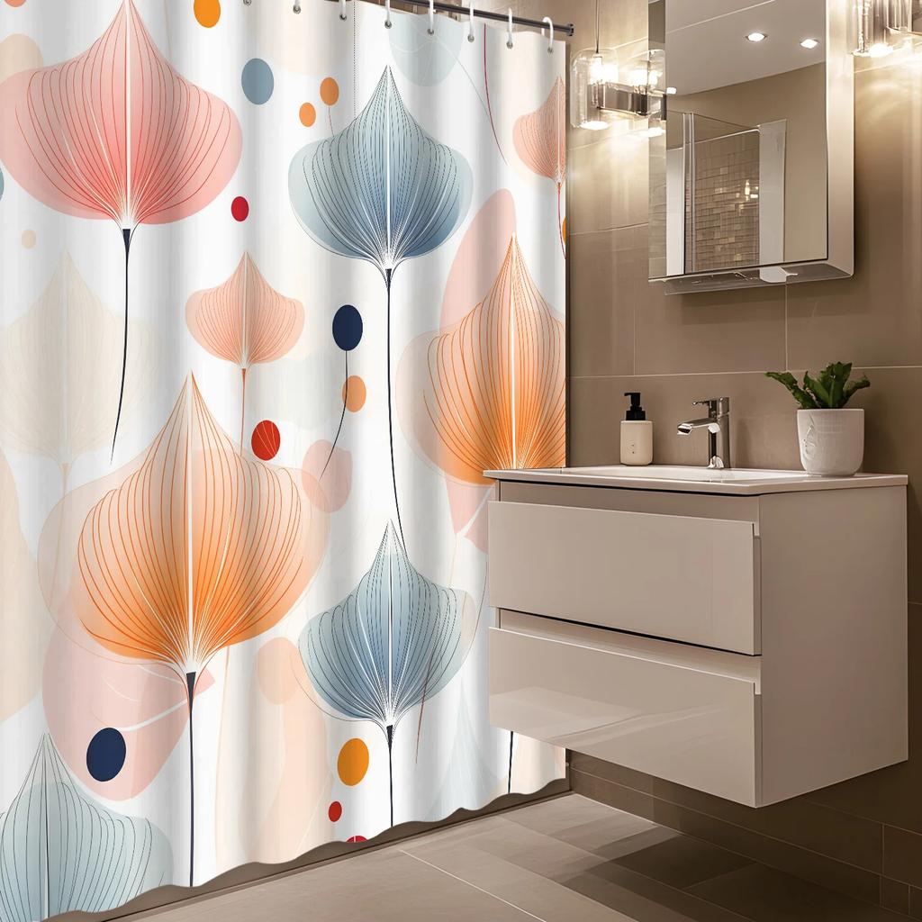 1pc Abstract Geometric Color Line Leaf Floral Printed Shower Curtain, Polyester Fabric with 12 Hooks, Bathroom Accessory