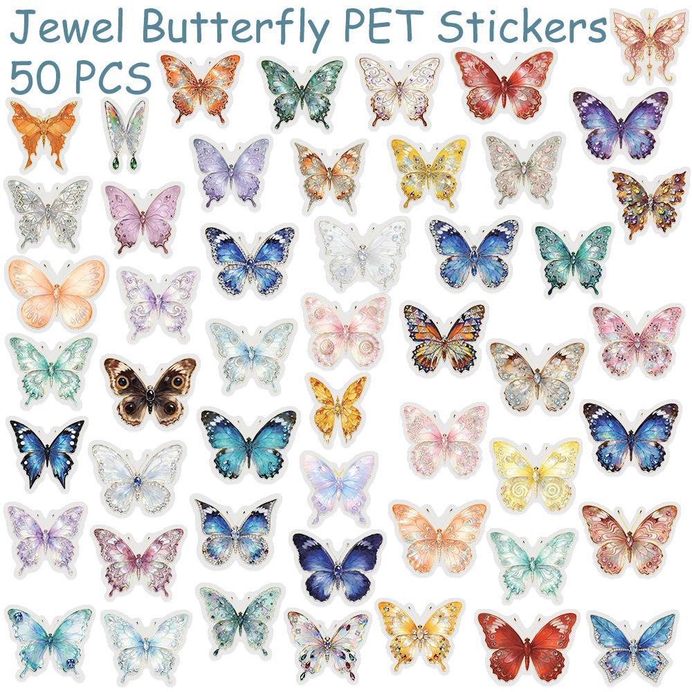 

50 Iridescent Butterfly Hot Stamping PET Gem Transparent Stickers for Notebook, Guitar, Phone, Graffiti TJ020
