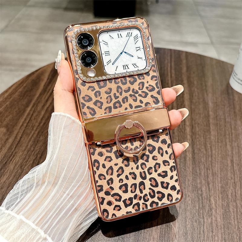 

For Huawei nova Flip 5G Case Leopard Pattern Ring Holder Rhinestone Hard PC Phone Cover A