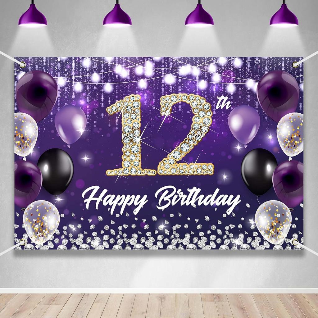 Happy 60th Birthday Backdrop Banner Purple Theme Background with Shiny Diamond Noble Elegant Birthday Party Photo Photography Prop Booth Background