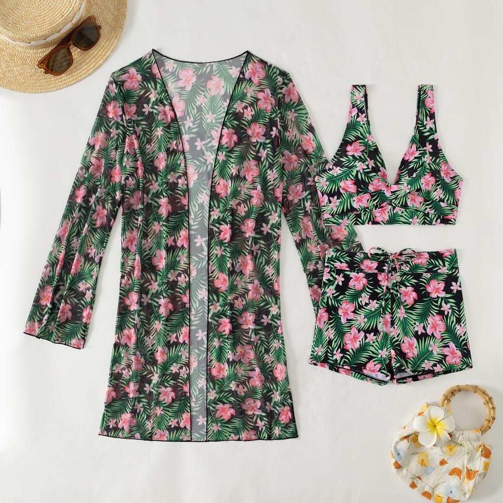 3 Piece Tropical Floral Print Bikini Set V Neck Boy Shorts Long Sleeve Sheer Cover Up Sexy Push Up Beach Vacation Bathing Suit