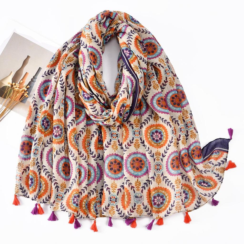 Bohemian Colorful Printed Women's Tassel Scarf - Perfect for Seaside Vacations and Sun Protection