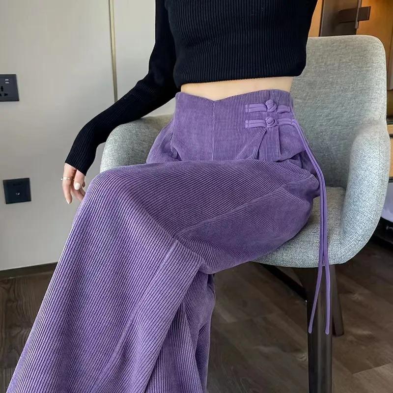 Autumn and Winter New Chinese Style Buckle Plus Velvet Chenille Wide Leg Pants for Women High Waist Drape Straight Casual Pants