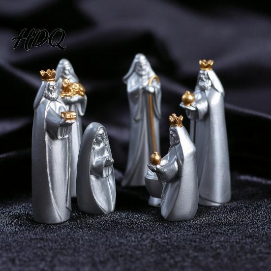 Christmas Manger Set 8 Pcs Resin Nativity Figurines Set Christian Scene Figures Painted Statues Religious Tabletop Miniature for Holiday Indoor