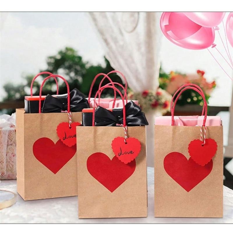 10PCS Valentine's Day Heart Candy Bags Kraft Paper Gift Bags with Handles for Weddings and Birthday Parties