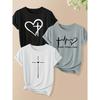 Three-piece set of women's Christian cross and heart letter print short-sleeved shirts 2025Autumn fashion trend: retro round neck, cute style T shirt