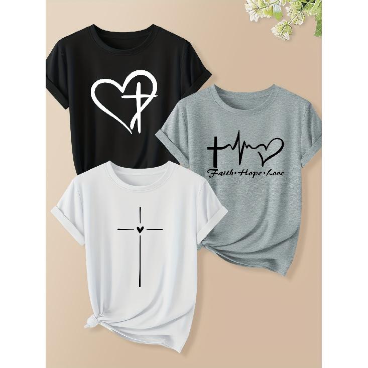 Three-piece set of women's Christian cross and heart letter print short-sleeved shirts 2025Autumn fashion trend: retro round neck, cute style T shirt