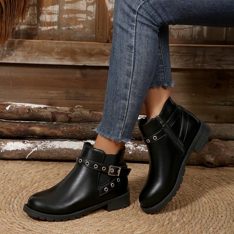 Fashion Round Toe Block Heel Short Thigh Boots Women's Fashion Rivet Metal Belt Buckle Anti-Slip Wear-Resistant Single Boots