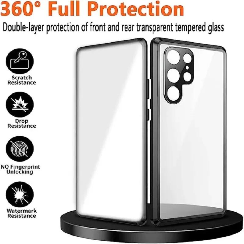 360 kovový rám, oboustranné skleněné, magnetické pouzdro Snap Lock pro Samsung Galaxy S24 S23 FE S22 Ultra S21 Plus Plná ochrana objektivu