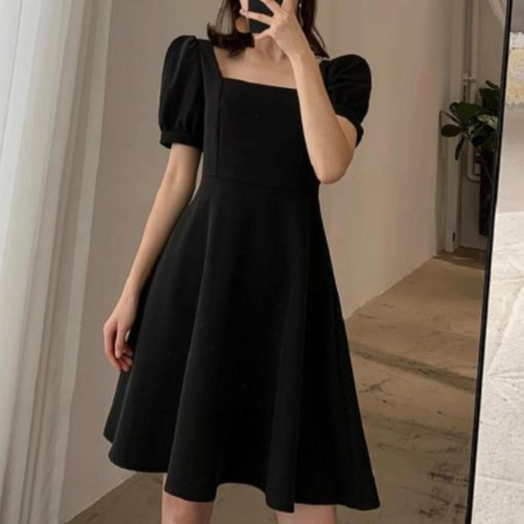 Square Neck Retro Short Sleeve Women Dress  Fashion Summer Elegant Female Basic Bodycon A Line Dresses