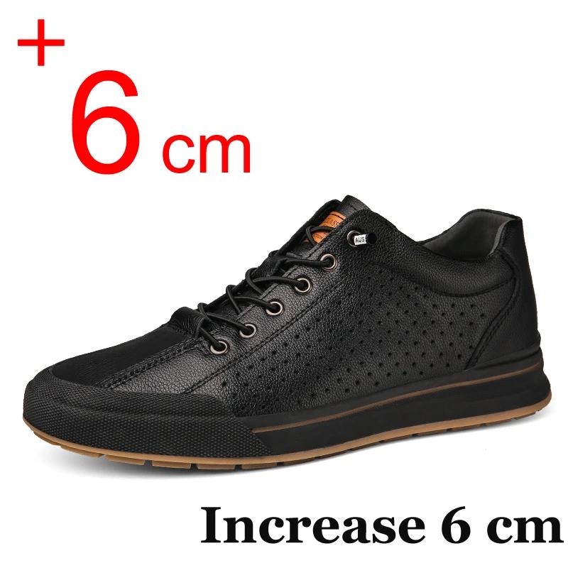 Genuine Leather Men Skataboard Shoes Elevator 6CM Height Increase Sports Loafers Hollow Breathable Sneakers Heightening Shoes