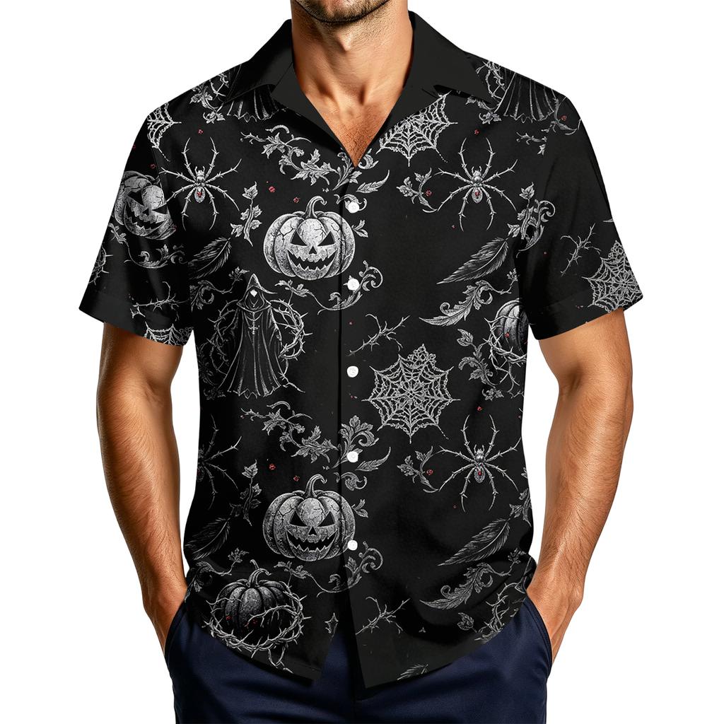 Men's Casual Short Sleeve Halloween Print Button Down Shirt