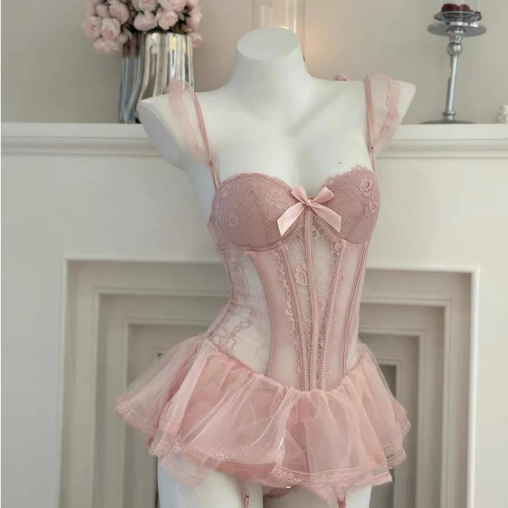 Sex Underwear Sexy Mesh Chest Pad Pajamas Steel Rim Vest Free Pop Skirt Uniform French Suit Pink Poly