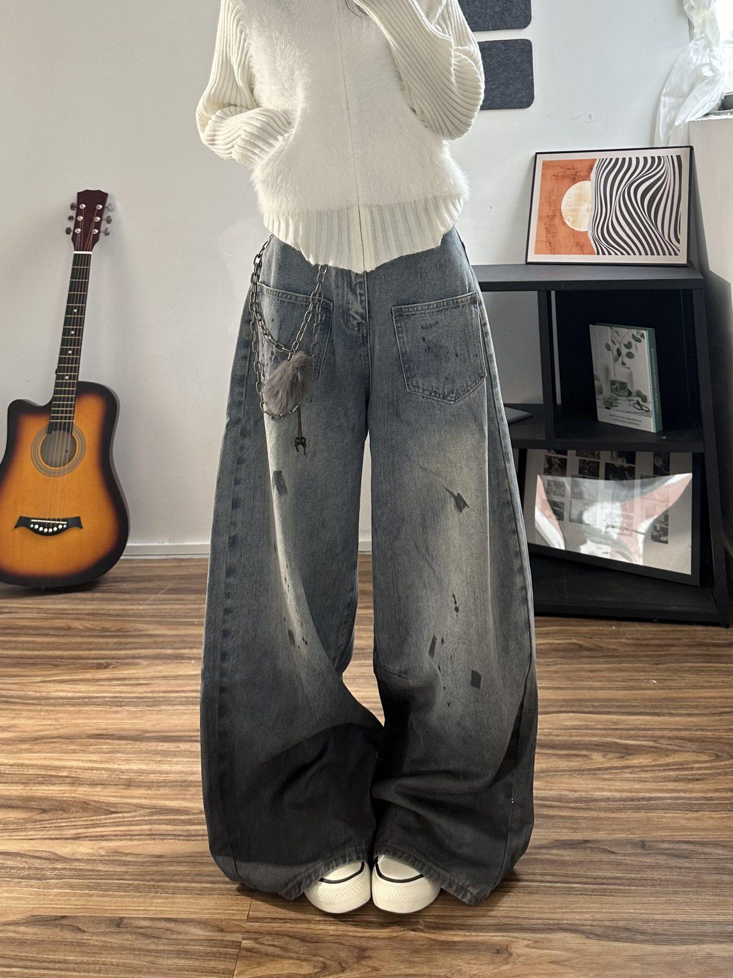 Women s American-Style Wide-Leg Jeans, Washed Splatter, Drop-Shoulder, Loose Fit, 2026 Spring Collection Medium синий
