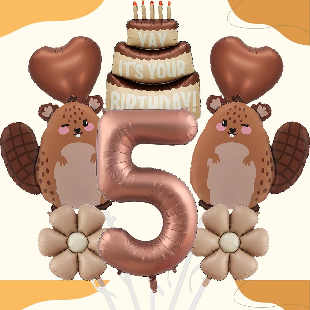 8pcs Cute Beaver Cake Daisy Love Chocolate Number 1-9 Balloon Set Birthday Party Animal Theme Set Baby Shower Globos