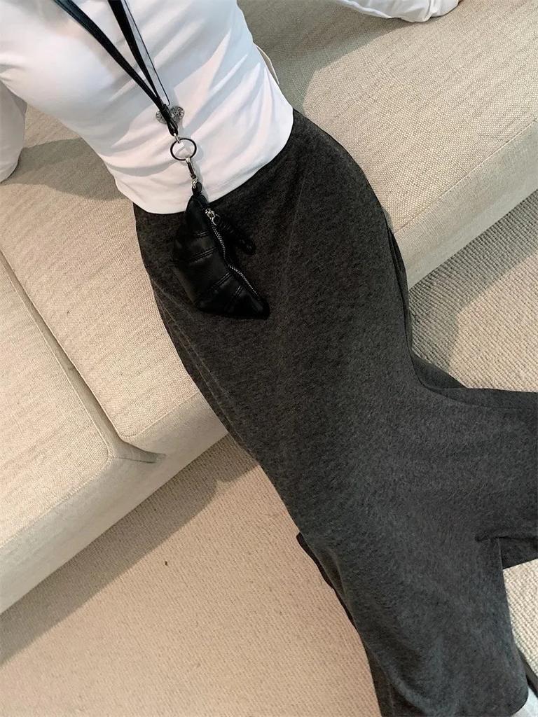 Lazy Gray Elastic High Waist Spring and Summer Simple Drape New Fishtail Skirt Casual Slim Skirt Long Skirt