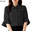 ZANZEA Women Casual Turn Down Collar Solid Color Half Sleeve Blouse