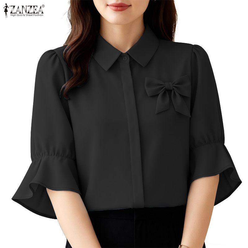 ZANZEA Women Casual Turn Down Collar Solid Color Half Sleeve Blouse