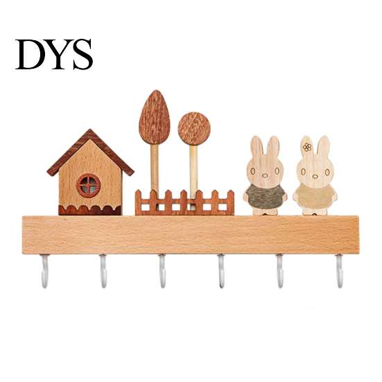 No Drill Key Hook Wooden Holder with 6 Hooks, Decorative Entryway Organizer Natural Wood Coat Rack Rack, Easy Wall Mount Installation Hanger for Home